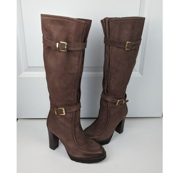 NWT NAPOLEONI Italy Buckle Straps Knee Boots XL Traction Soles Brown EU 37 US 7 - Picture 1 of 13